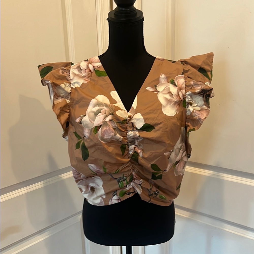 Express Floral Ruffle Sleeve Top - Brown